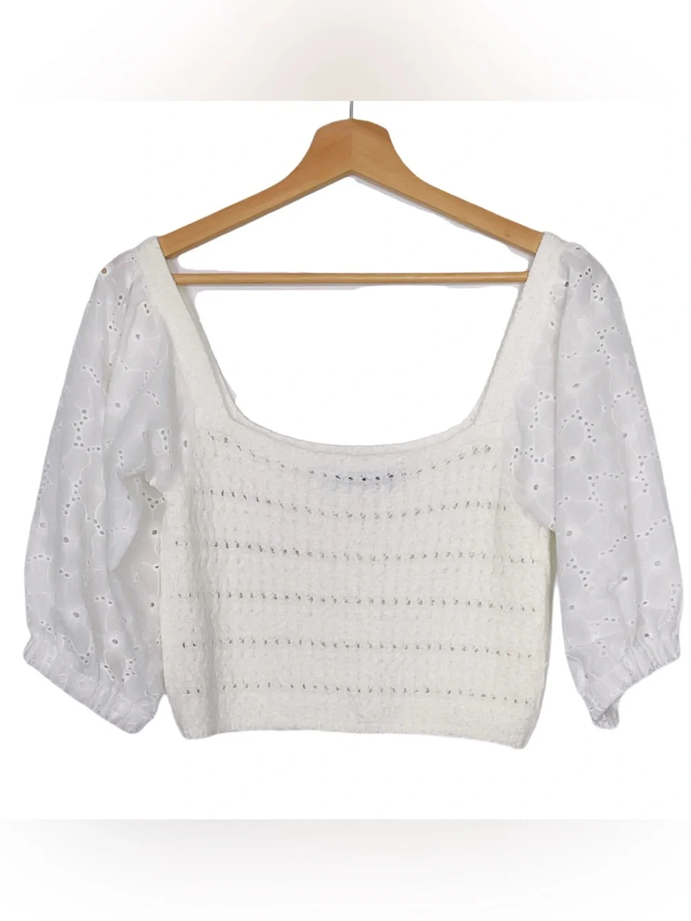 Zara Contrast Knit Crop Top White Eyelet Size Medium
